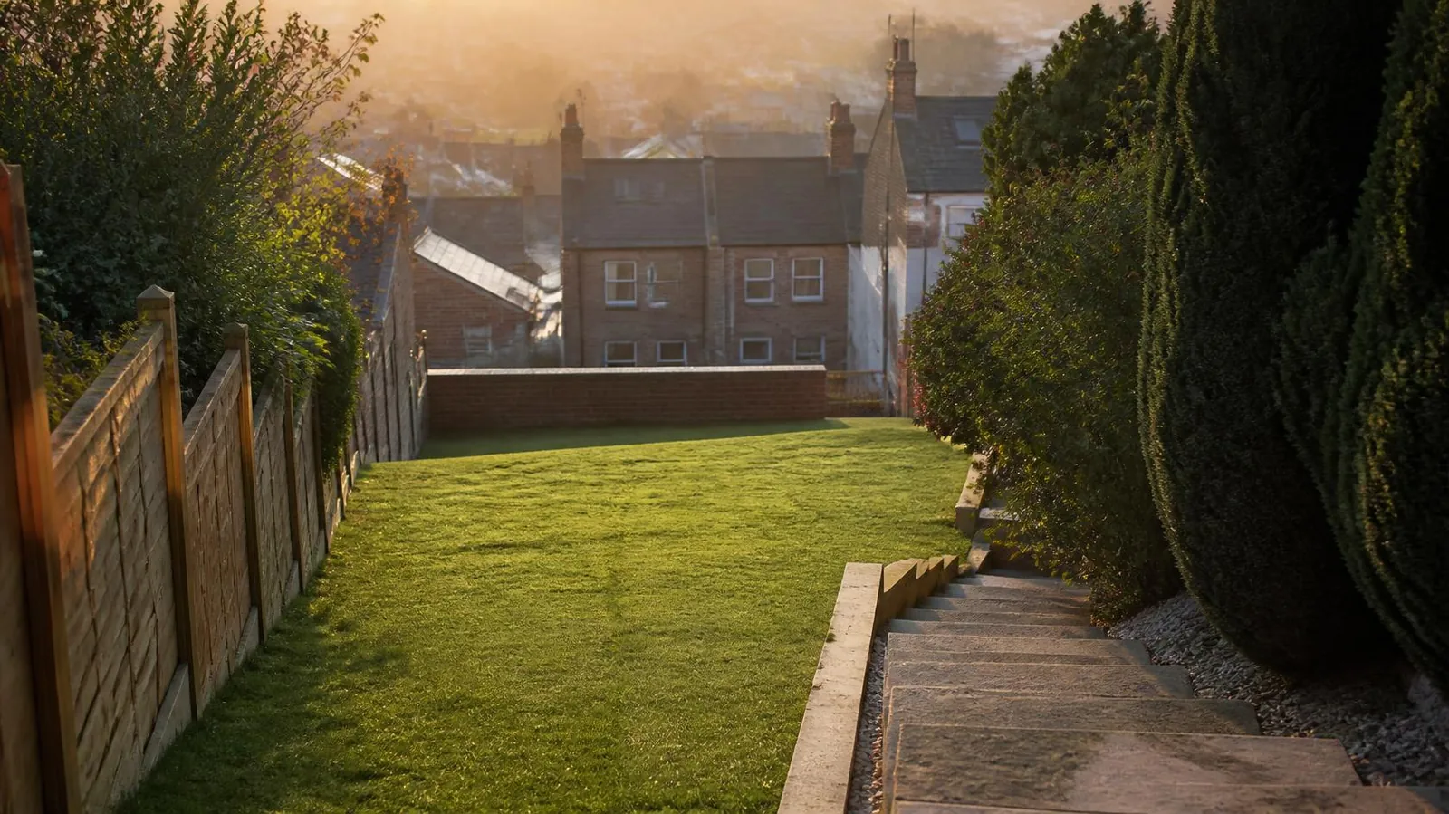 Back garden lawn after new turf has been laid