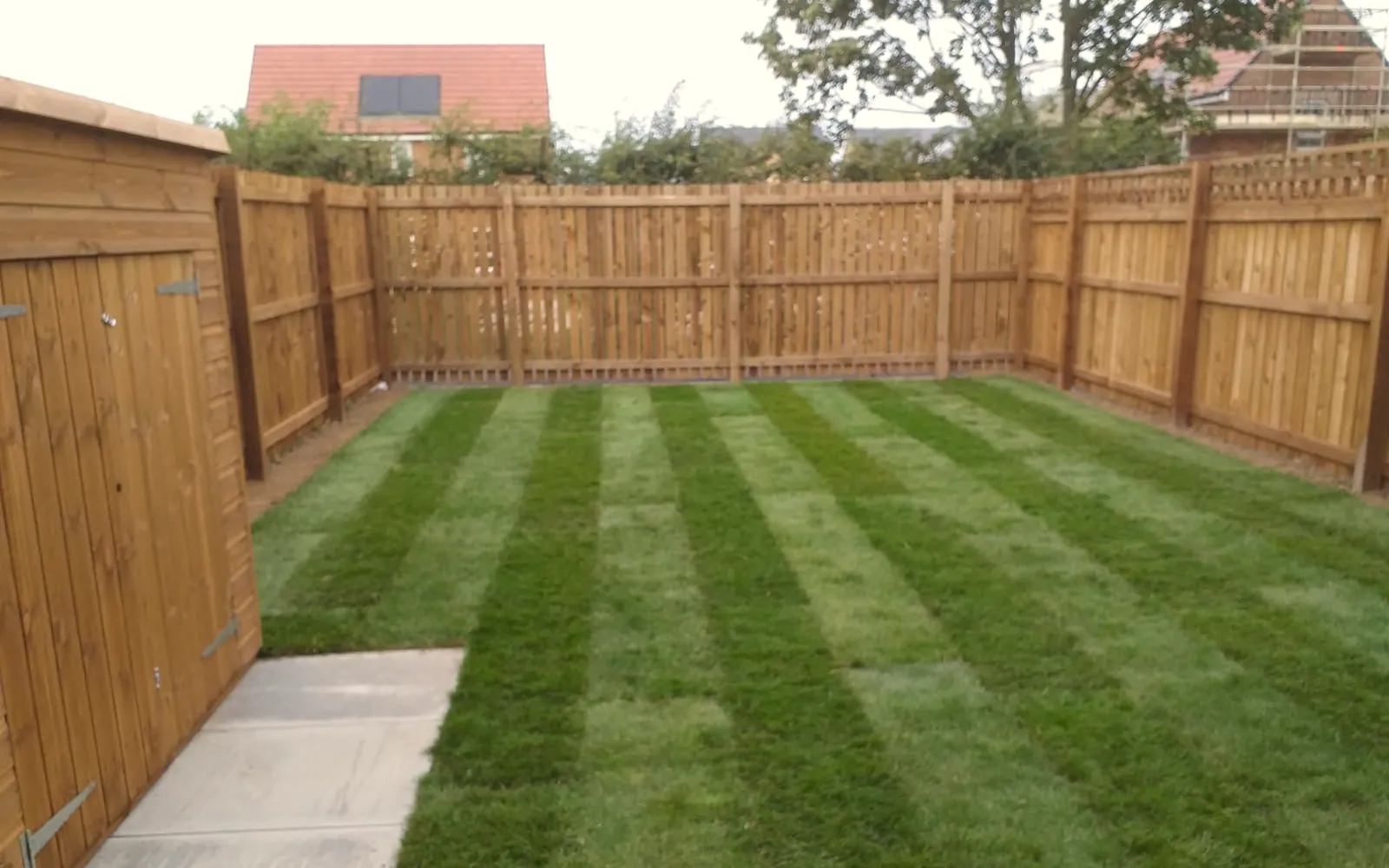 Back garden after new turf has been laid