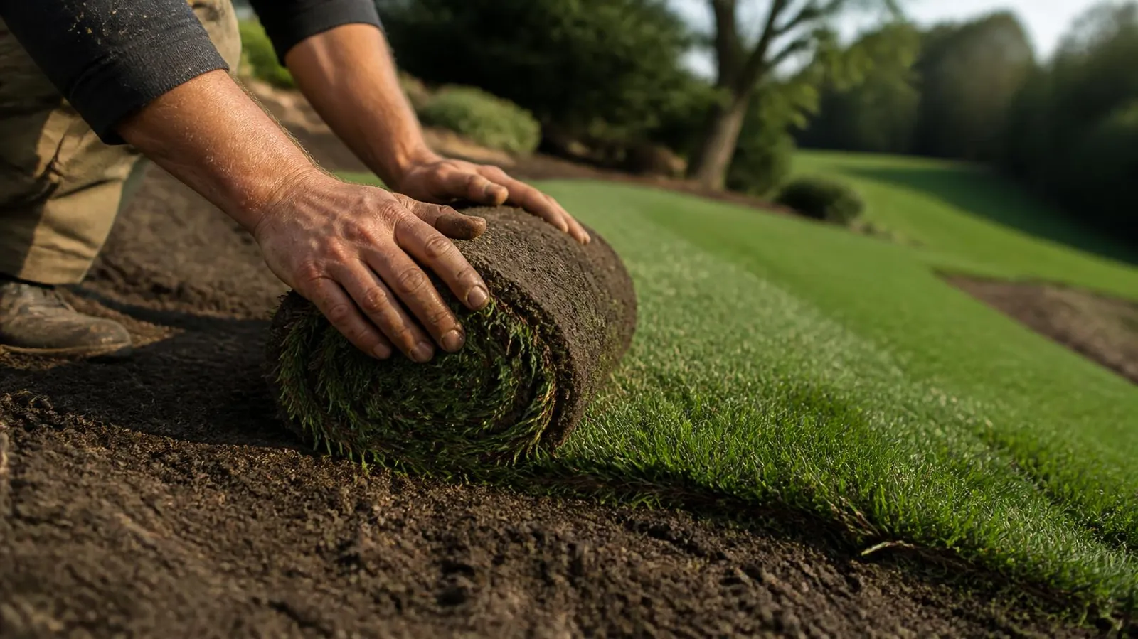 Hands unrolling a fresh roll of turf across prepared soil